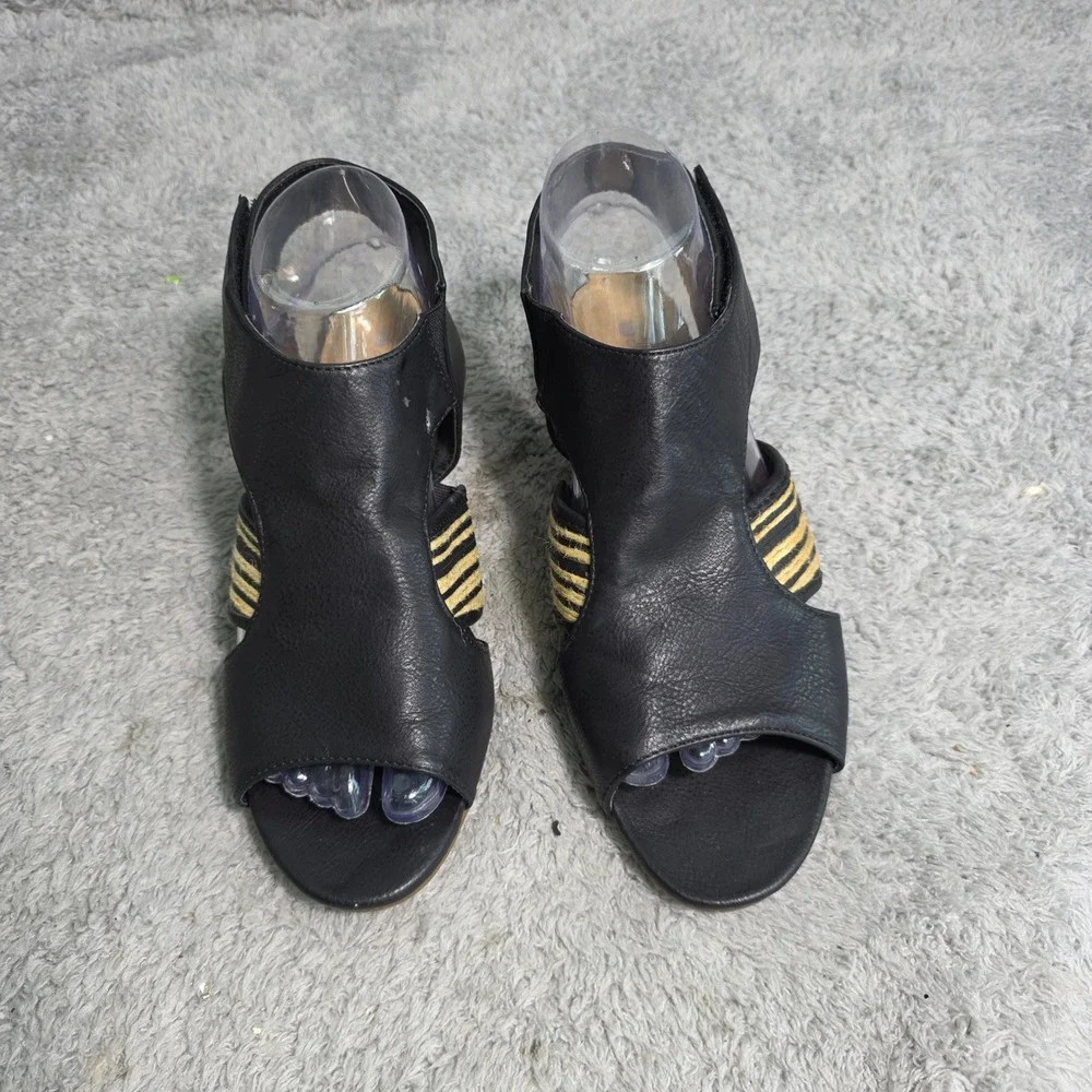 VTG‎ Gloria Vanderbilt Leather Wedge Sandals Black Jute Strappy Women Size 9